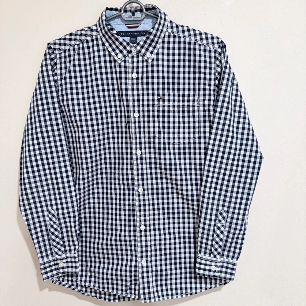 Tommy Hilfiger Collared Shirt Blue Checkered Button Down Size 16/18 Youth Large